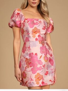 So Stunning Light Pink Floral Jacquard Puff Sleeve Mini Dress